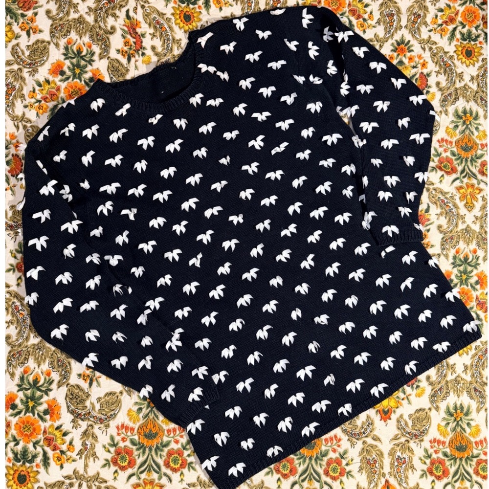 VTG Black Ramie Cotton Crew Neck Sweater White‎ 3D Ribbon Bows Coquette Grandma